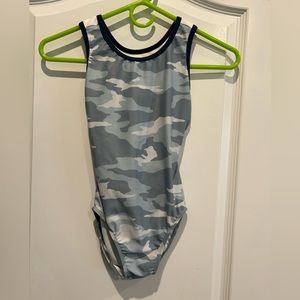 Athleta Girl Destira Tuck & Tumble Camo Lux Blue Leotard, Child Medium